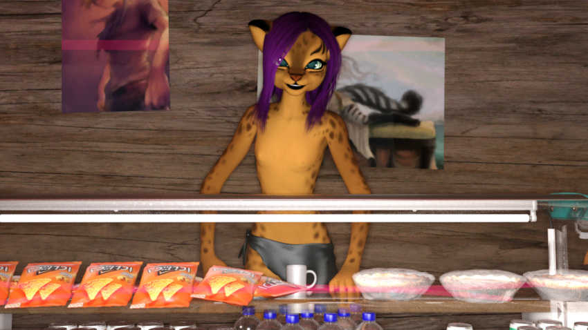 16:9 2019 3d_(artwork) anthro clothed clothing digital_media_(artwork) doritos evrui felid felin female frito-lay fur hair hi_res kawaoneechan looking_at_viewer mammal purple_hair smile solo standing topless widescreen