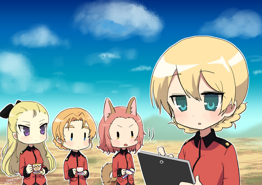 4girls :o animal_ears assam_(girls_und_panzer) blonde_hair blush chibi cloud commentary_request darjeeling_(girls_und_panzer) day girls_und_panzer lucky_star military military_uniform multiple_girls orange_pekoe_(girls_und_panzer) parody pink_hair raised_eyebrows rosehip_(girls_und_panzer) saucer sky st._gloriana's_military_uniform style_parody tail uniform v-shaped_eyebrows yukiyanagi_raki |_|