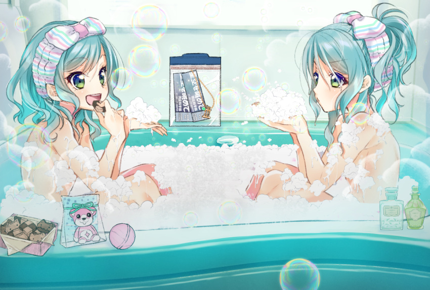 2girls :d aqua_hair bang_dream! bath bathing bathtub bubble_bath character_doll checkerboard_cookie commentary_request convenient_censoring cookie eating food green_eyes hikawa_hina hikawa_sayo long_hair michelle_(bang_dream!) multiple_girls nude open_mouth partially_submerged ponytail same-sex_bathing shared_bathing short_hair siblings sidelocks sisters sitting smile soap_bottle soap_bubbles soap_censor towel towel_on_head tsurugi_hikaru twins v-shaped_eyebrows ziploc_bag