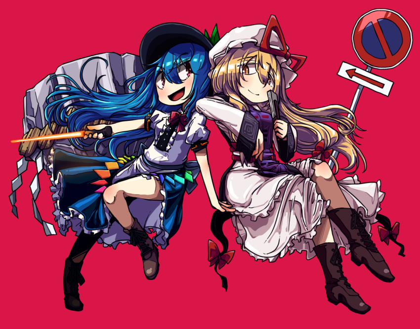 2girls awa_(bihidasu) bare_legs blonde_hair blue_hair boots bow bowtie brown_footwear commentary cross-laced_footwear english_commentary gap_(touhou) hat hinanawi_tenshi keystone lace-up_boots long_hair long_sleeves looking_at_another mob_cap multiple_girls red_background red_eyes ribbon road_sign short_sleeves sign skirt smile sword_of_hisou touhou v-shaped_eyebrows yakumo_yukari yellow_eyes