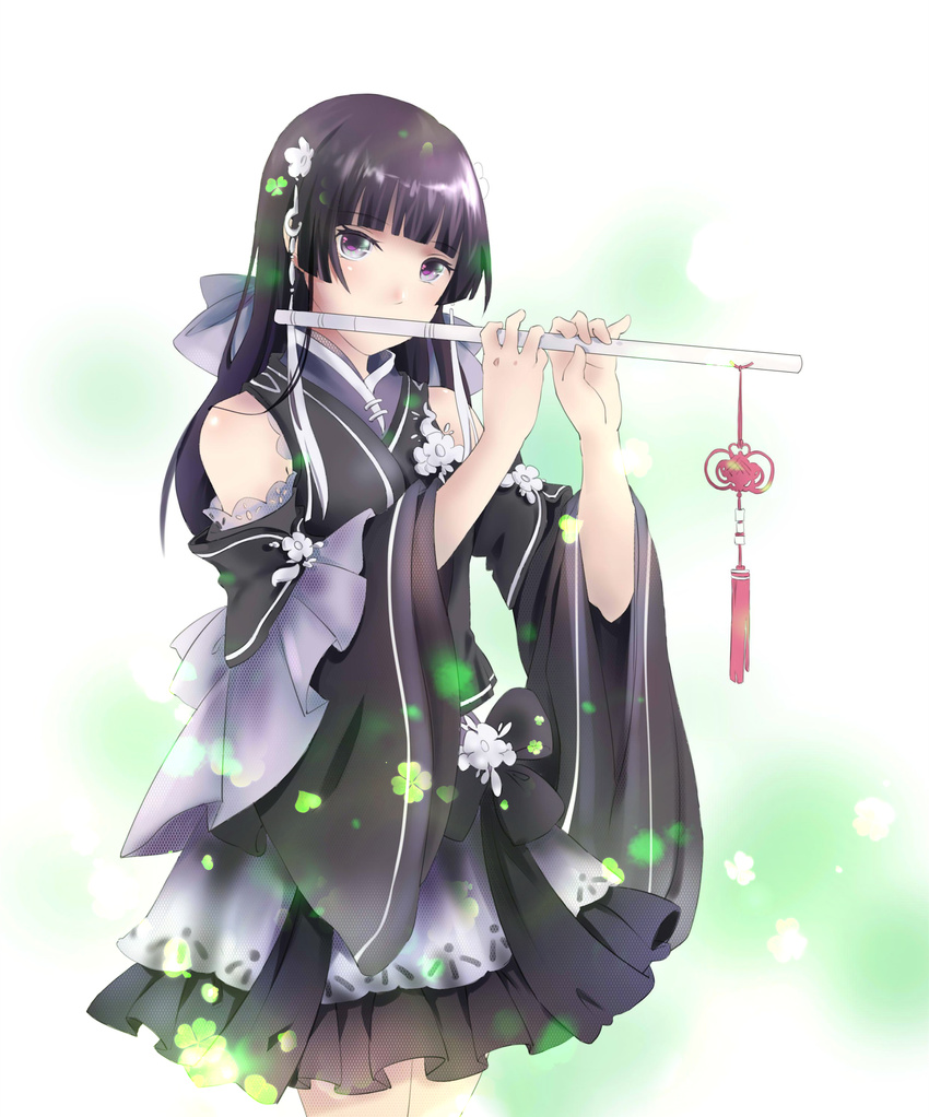 absurdres bad_id bad_pixiv_id black_hair detached_sleeves eyebrows female flute hair_ornament hair_ribbon highres instrument long_hair looking_at_viewer music original playing_instrument purple_eyes purple_ribbon ribbon simple_background solo suanjianyanchendianyushui white_background