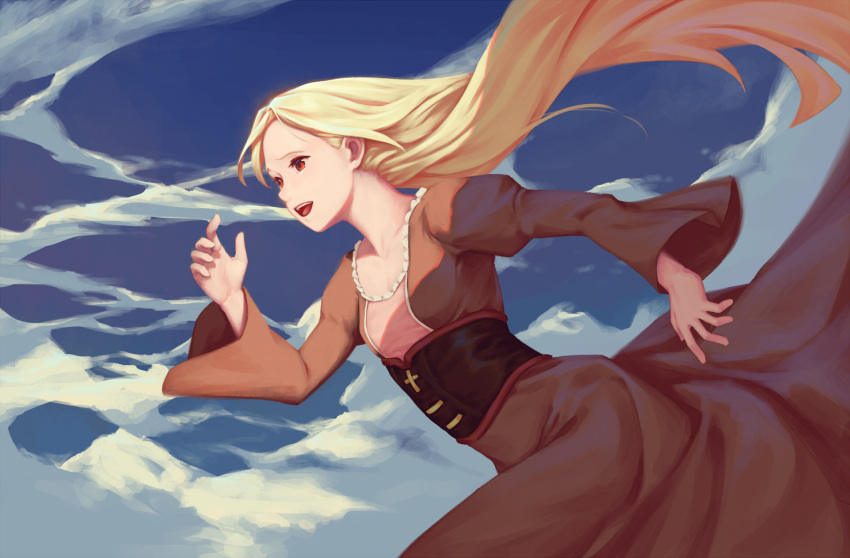 :d bigrbear blonde_hair blue_sky brown_dress cloud cloudy_sky commentary cross dress female floating_hair from_side highres leilia_(sayoasa) long_dress long_hair long_sleeves open_mouth red_eyes running sayonara_no_asa_ni_yakusoku_no_hana_wo_kazarou sky smile solo very_long_hair wide_sleeves