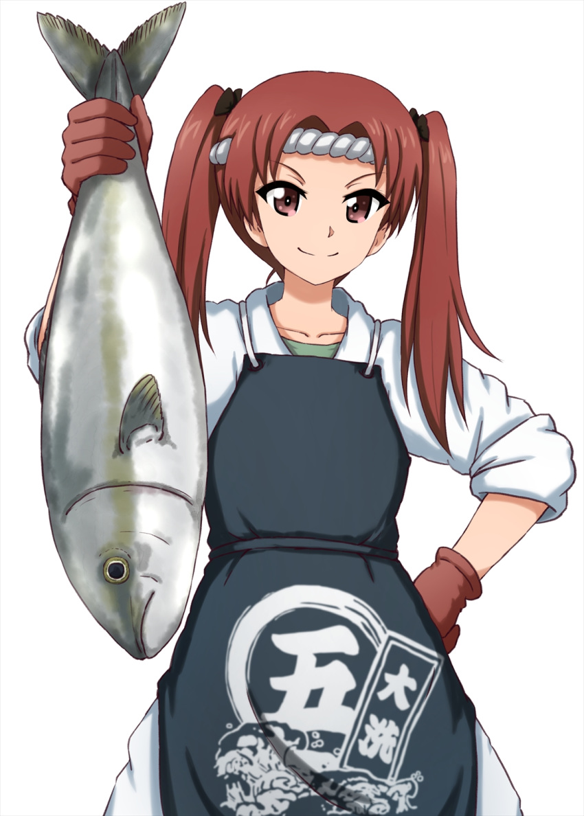 animal apron black_bow blue_apron bow brown_eyes brown_gloves brown_hair closed_mouth commentary cowboy_shot female fish fukuen_misato girls_und_panzer gloves hachimaki hairbow hand_on_own_hip headband highres holding holding_animal holding_fish jack_(fish) japanese_amberjack kadotani_anzu long_hair long_sleeves looking_at_viewer omachi_(slabco) pants parted_bangs print_apron shirt simple_background sleeves_rolled_up smile solo standing twintails v-shaped_eyebrows white_background white_headband white_pants white_shirt