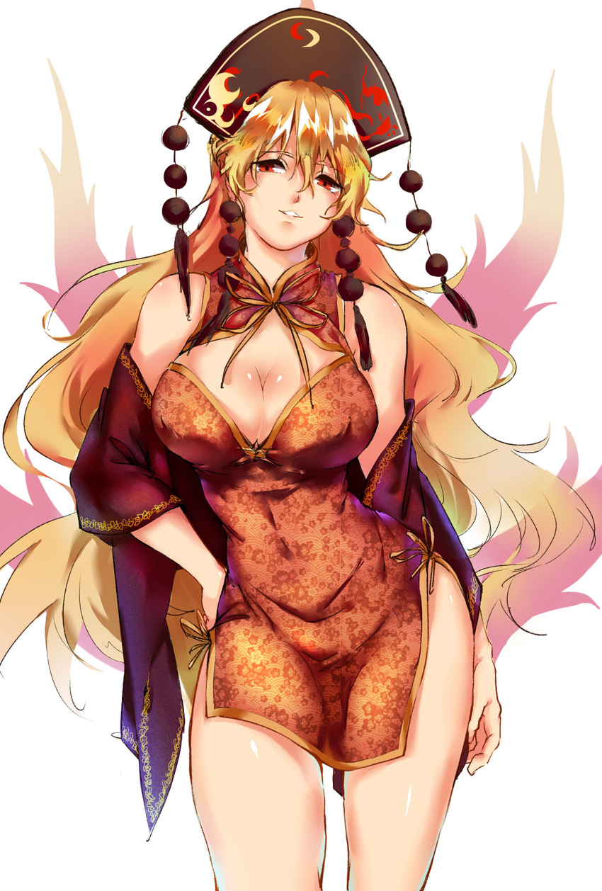 alternate_costume bare_shoulders blonde_hair breasts china_dress chinese_clothes cleavage cleavage_cutout clothing_cutout commentary_request contrapposto covered_nipples cowboy_shot dress female hand_on_own_hip hat highres junko_(touhou) kagari6496 large_breasts lips long_hair no_bra pelvic_curtain photoshop_(medium) red_eyes shawl short_dress smile solo standing thighs touhou very_long_hair wavy_hair