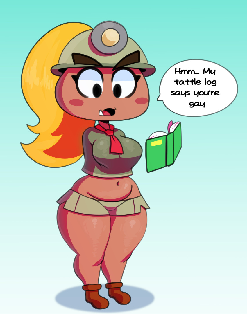 2019 absurd_res armless belly black_eyes blue_background blush blush_stickers book breasts brown_clothing clothed clothing dialogue ellipsis english_text eyelashes female footwear front_view fully_clothed goomba goombella gradient_background hat headgear headwear hi_res humanoid light_body light_skin makeup mario_bros mascara midriff navel necktie nintendo no_underwear noseless not_furry paper_mario pink_body pink_skin reading red_body red_skin shoes short_stack simple_background skimpy solo somescrub speech_bubble standing talking_to_viewer text thick_thighs tusks wide_hips