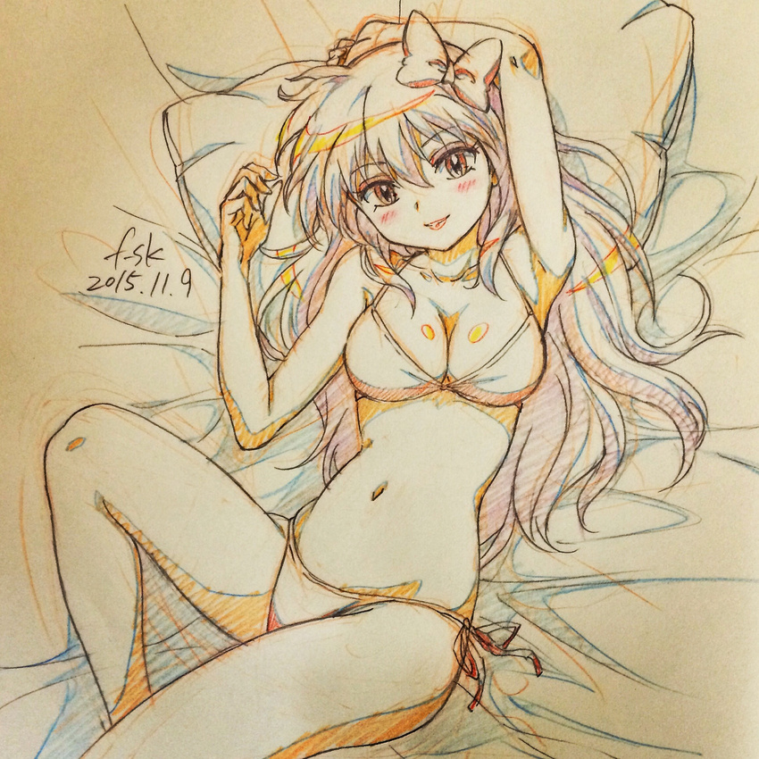 ageha_(kyoukai_no_rinne) arm_up armpits artist_name bad_id bad_pixiv_id bikini blush breasts brown_eyes cleavage collarbone commentary_request dated eyebrows female fuusuke_(fusuke208) hair_between_eyes head_tilt highres kyoukai_no_rinne long_hair looking_at_viewer lying medium_breasts monochrome navel on_back parted_lips pillow red_lips side-tie_bikini_bottom smile solo spot_color swimsuit traditional_media very_long_hair