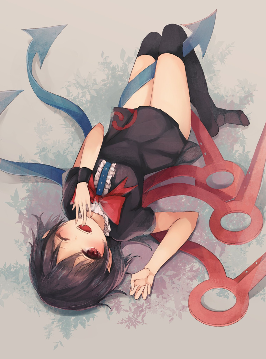 ;d asymmetrical_hair asymmetrical_wings black_dress black_hair blush bow bowtie breasts commentary crossed_ankles dress female hand_to_own_mouth highres houjuu_nue knees_up lying medium_breasts on_back one_eye_closed open_mouth over-kneehighs red_bow red_bowtie red_eyes short_dress short_hair short_sleeves smile solo thighhighs thkani touhou upside-down wings