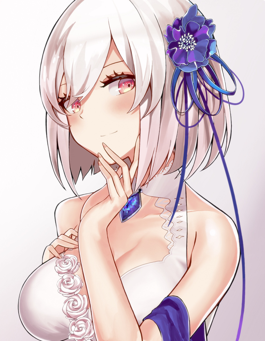 absurdres azur_lane blue_flower blue_gemstone blue_ribbon blush breasts choker cleavage cleavage_cutout closed_mouth clothing_cutout collarbone commentary_request dress female flower gem gradient_background hair_between_eyes hair_flower hair_ornament hand_on_own_chest head_tilt highres large_breasts looking_at_viewer official_alternate_costume red_eyes ribbon septoleaf short_hair simple_background sirius_(azur_lane) sirius_(white_rose)_(azur_lane) smile solo upper_body white_dress