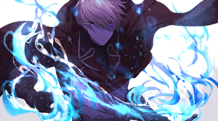 1boy black_gloves blonde_hair blue_eyes cape commentary_request dylan_the_island_king fighting_stance gloves kai28 leaning_forward male_focus pixiv_fantasia pixiv_fantasia_last_saga red_cape solo standing sword weapon white_background