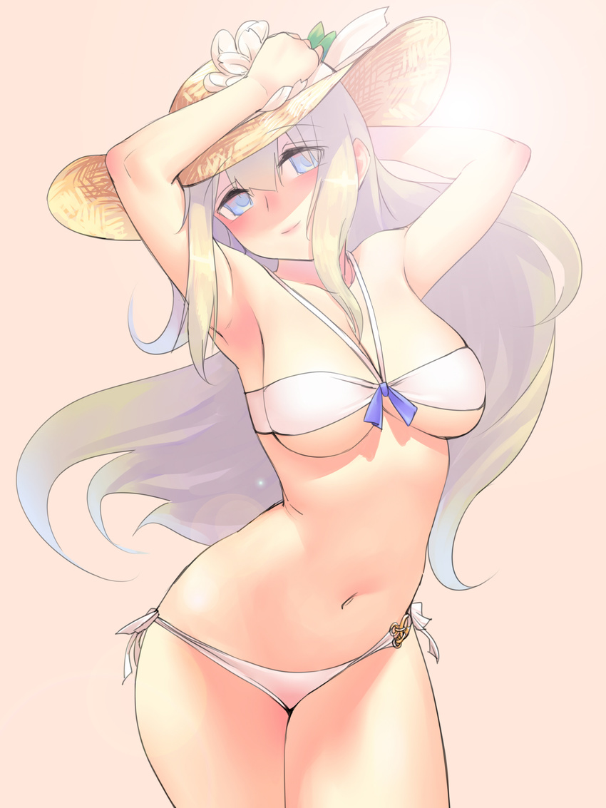 absurdres arched_back arm_behind_head armpits arms_up bare_shoulders bikini blue_eyes breasts brown_background cleavage collarbone commentary_request cowboy_shot eyebrows eyes_visible_through_hair female flower hair_between_eyes hand_on_headwear hat hat_flower head_tilt highres lexington_(warship_girls_r) long_hair looking_up medium_breasts navel photoshop_(medium) redauto shade side-tie_bikini_bottom sidelocks simple_background smile solo straw_hat swimsuit underboob warship_girls_r white_bikini white_hair