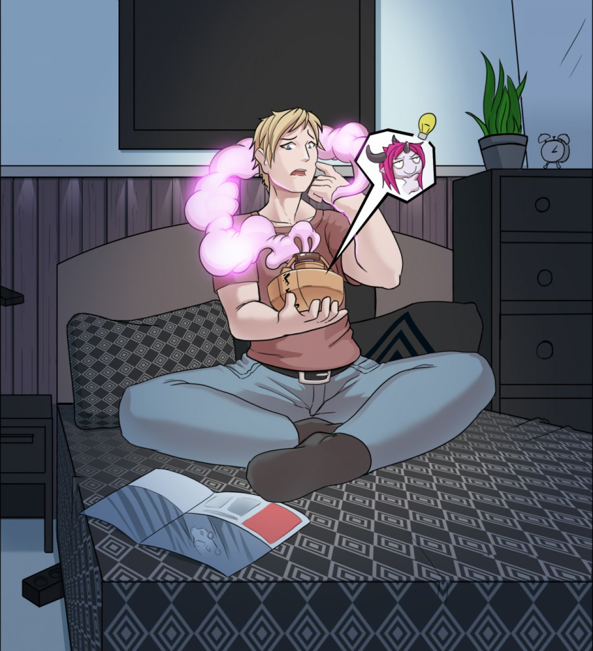 2018 ambiguous_gender bed blonde_hair demon detailed_background duo furniture hair hi_res human human_focus lunate male mammal not_furry on_bed sitting smoke solo_focus story story_in_description surprise