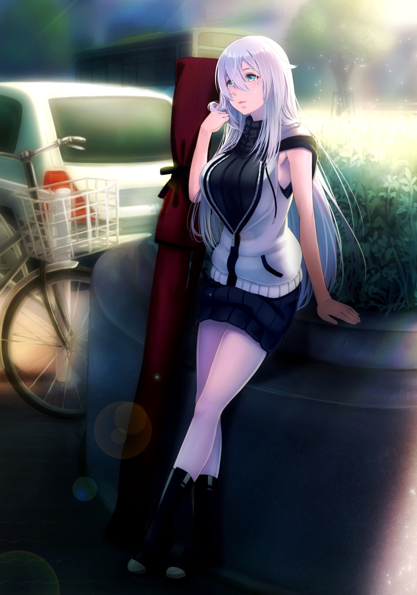 absurdres adjusting_hair bicycle blush car closed_mouth commentary_request day female green_eyes highres hood hoodie koko_(koko3) long_hair looking_away mole mole_under_eye motor_vehicle original outdoors pantyhose photoshop_(medium) solo standing white_hair white_pantyhose