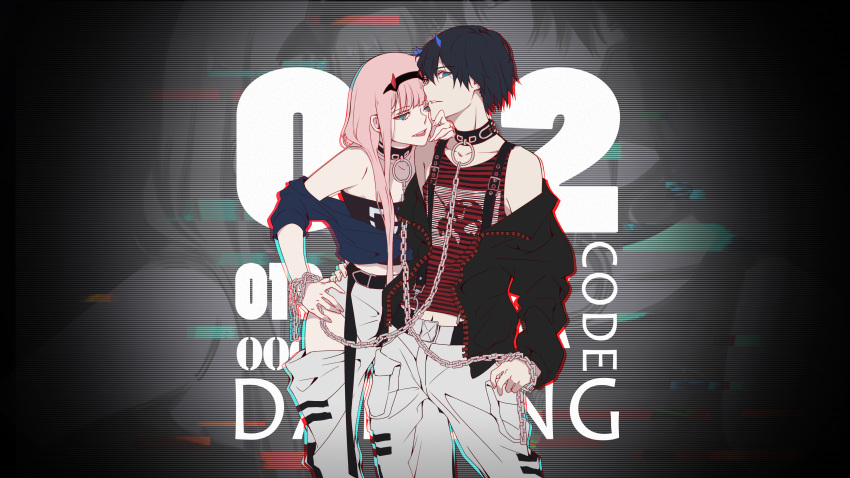 1boy absurdres bad_id bad_pixiv_id bare_shoulders belt black_collar black_hair black_hairband black_jacket black_shirt blue_eyes blue_horns blue_jacket chain_necklace chains character_name chenaze57 clothes_pull collar collarbone commentary couple darling_in_the_franxx english_commentary female green_eyes grey_pants hair_ornament hairband hand_on_another's_chin hand_on_another's_hip hand_on_own_hip highres hip_vent hiro_(darling_in_the_franxx) horns jacket jacket_pull jewelry long_hair long_sleeves navel necklace oni_horns open_clothes open_jacket pants photoshop_(medium) pink_hair red_horns red_shirt shirt sleeveless sleeveless_shirt sleeves_rolled_up straight striped_clothes striped_shirt thighs zero_two_(darling_in_the_franxx)