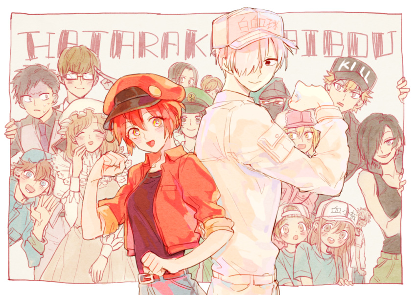 6+boys 6+girls ae-3803 ahoge apron b_cell_(hataraku_saibou) back-to-back baseball_cap basophil_(hataraku_saibou) belt black_eyes black_hair black_hat black_shirt blonde_hair blue_eyes blue_hat blue_shirt blush breasts brown_hair cabbie_hat cancer_cell_(hataraku_saibou) clenched_hand closed_eyes collared_shirt colored_skin commentary_request copyright_name covered_mouth cowboy_shot dendritic_cell_(hataraku_saibou) denim denim_shorts dress eosinophil_(hataraku_saibou) everyone fur-trimmed_headwear fur_hat fur_trim glasses green_hat hair_bun hair_over_one_eye hand_to_own_mouth hat hataraku_saibou helper_t_(hataraku_saibou) jacket killer_t_(hataraku_saibou) light_brown_hair long_hair long_sleeves looking_at_viewer macrophage_(hataraku_saibou) mast_cell_(hataraku_saibou) medium_breasts memory_cell_(hataraku_saibou) mob_cap multiple_boys multiple_girls necktie nk_cell_(hataraku_saibou) no_pupils open_mouth pants pink_eyes pink_hat pink_shirt platelet_(hataraku_saibou) red_blood_cell_(hataraku_saibou) red_hair red_hat red_jacket regulatory_t_(hataraku_saibou) salute shirt short_hair short_sleeves shorts single_hair_bun smile spiked_hair sweatdrop syu_(no1zerg) t-shirt tank_top u-1146 ushanka vest waving white_blood_cell_(hataraku_saibou) white_hair white_hat white_shirt white_skin yellow_eyes