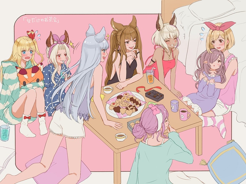 6+girls alternate_costume bad_id bad_twitter_id bed blonde_hair blush brown_hair chabo213 chloe_(granblue_fantasy) chocolate closed_eyes commentary_request cookie cup dark-skinned_female dark_skin djeeta_(granblue_fantasy) erune food glasses granblue_fantasy grey_hair hair_over_one_eye hairband harvin hood hoodie hug hug_from_behind korwa lennah metera_(granblue_fantasy) mirin_(granblue_fantasy) mole mole_under_mouth multicolored_hair multiple_girls niyon_(granblue_fantasy) pajamas ponytail purple_hair scathacha_(granblue_fantasy) short_hair socks sparkle striped_clothes striped_socks twintails two-tone_hair wavy_mouth white_hair