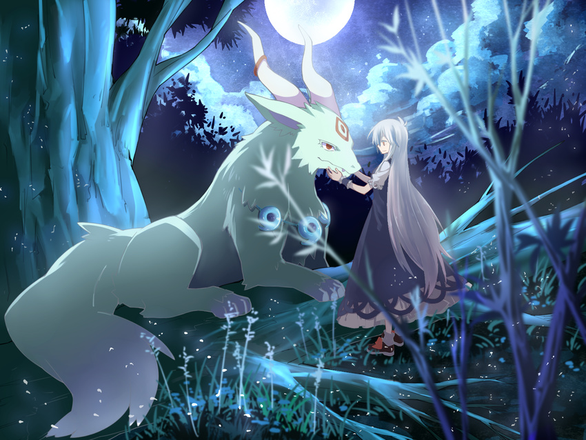 blue_dress blue_hair blurry chinese_commentary commentary_request depth_of_field dress female forest from_side full_body full_moon highres horn_ornament horn_ribbon horns kamishirasawa_keine ko_kita long_hair magatama monster moon multicolored_hair nature night night_sky outdoors red_eyes red_footwear red_ribbon ribbon shoes short_sleeves sky touhou two-tone_hair very_long_hair white_hair wrist_cuffs