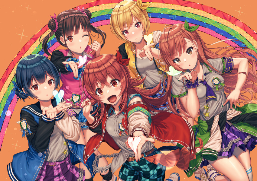 5girls absurdres ahoge arisugawa_natsuha black_eyes blonde_hair blowing_kiss blue_hair blush bow breasts brown_hair checkered_shorts commentary_request double_bun hair_between_eyes hair_bun hairbow heart highres houkago_climax_girls_(idolmaster) idolmaster idolmaster_shiny_colors jacket jewelry komiya_kaho long_hair long_sleeves looking_at_viewer mazel_(mazel_star) medium_breasts morino_rinze multiple_girls necklace one_eye_closed open_mouth purple_eyes rainbow red_eyes red_hair saijo_juri school_uniform short_hair shorts smile sonoda_chiyoko twintails