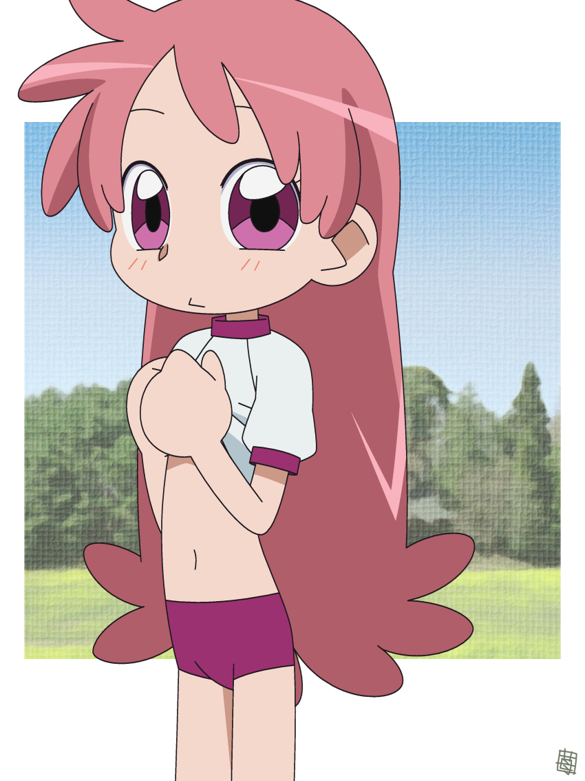 fami female gym_uniform hatomugisan ojamajo_doremi pink_eyes pink_hair shirt_lift