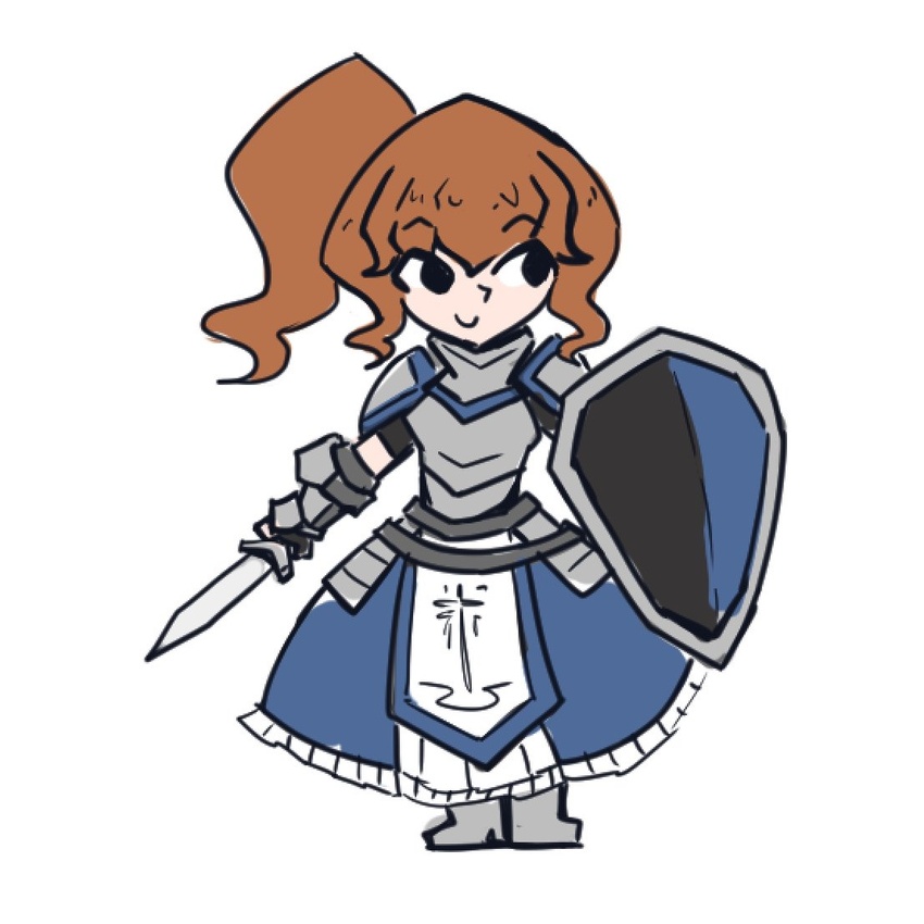 armor armored_boots blue_dress brown_hair dress holding_object holding_shield holding_sword juztplay knight knight_girl knightress_(juztplay) ponytail sfw shield simple_coloring smile sword white_background