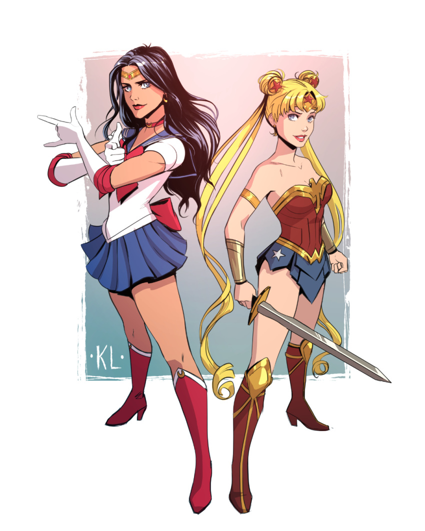 2girls bishoujo_senshi_sailor_moon black_hair blonde_hair blue_eyes boots clothed clothed_female clothes_swap clothing_swap cosplay costume_switch crossover dc dc_comics diana_prince eastern_and_western_character female female_only fully_clothed gloves kath_lobo looking_at_viewer sailor_moon sailor_moon_(cosplay) skirt straight_hair superheroine sword tagme usagi_tsukino white_gloves wonder_woman wonder_woman_(cosplay) wonder_woman_(series)