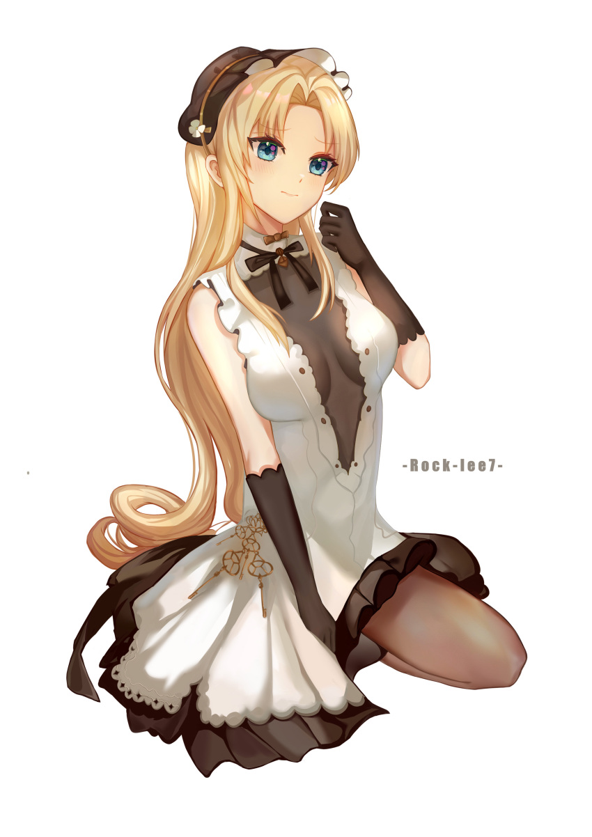 absurdres artist_name azur_lane black_gloves blonde_hair blue_eyes breasts brown_dress center_opening chinese_commentary commentary dress female gloves highres long_hair rock-lee7 see-through see-through_dress simple_background small_breasts solo two-tone_dress vanguard_(azur_lane) vanguard_(half-hearted_masquerade)_(azur_lane) very_long_hair white_background white_dress