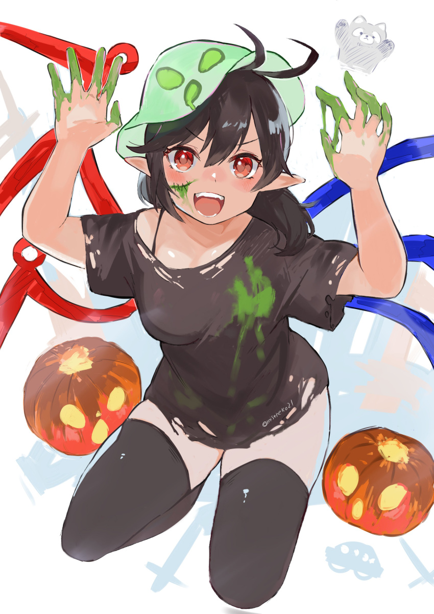 :d absurdres antenna_hair asymmetrical_wings black_hair black_thighhighs breasts contrapposto dress female hands_up highres houjuu_nue kneeling medium_breasts niseneko_(mofumofu_ga_ienai) open_mouth paint pointy_ears red_eyes shirt smile solo stitches teeth thighhighs torn_clothes torn_dress torn_shirt torn_thighhighs touhou ufo v-shaped_eyebrows wings