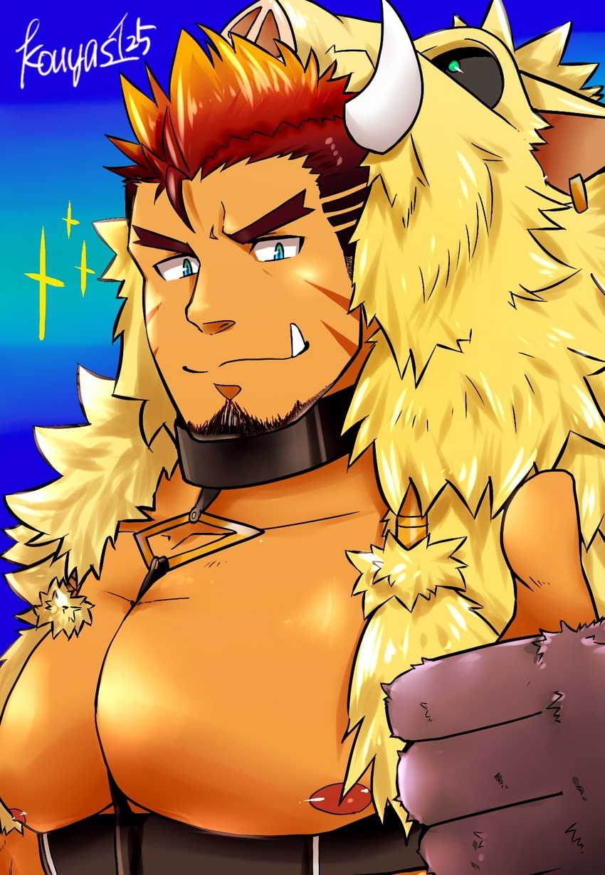 1boy animal_hood bara bare_pectorals boar_boy boar_hood body_fur chest_harness facial_hair forked_eyebrows goatee gullinbursti_(housamo) harness highres hood kouyas_125 large_pectorals looking_at_viewer male_focus mature_male muscular muscular_male nipples oerba_yun_fang pectorals short_hair sideburns smile solo sparkle spiked_hair thumbs_up tokyo_afterschool_summoners upper_body