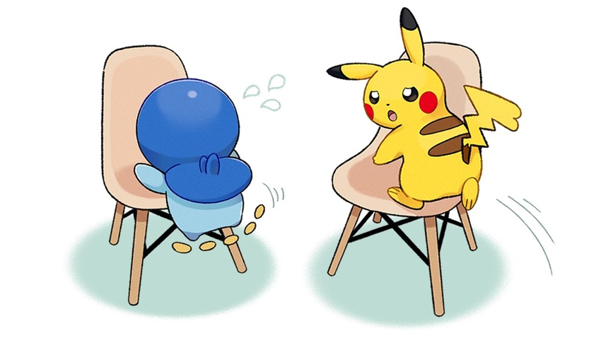 :o chair climbing commentary_request flying_sweatdrops from_behind looking_at_another motion_lines no_humans official_art open_mouth pikachu piplup pokemon pokemon_(creature) project_pochama toes tongue white_background