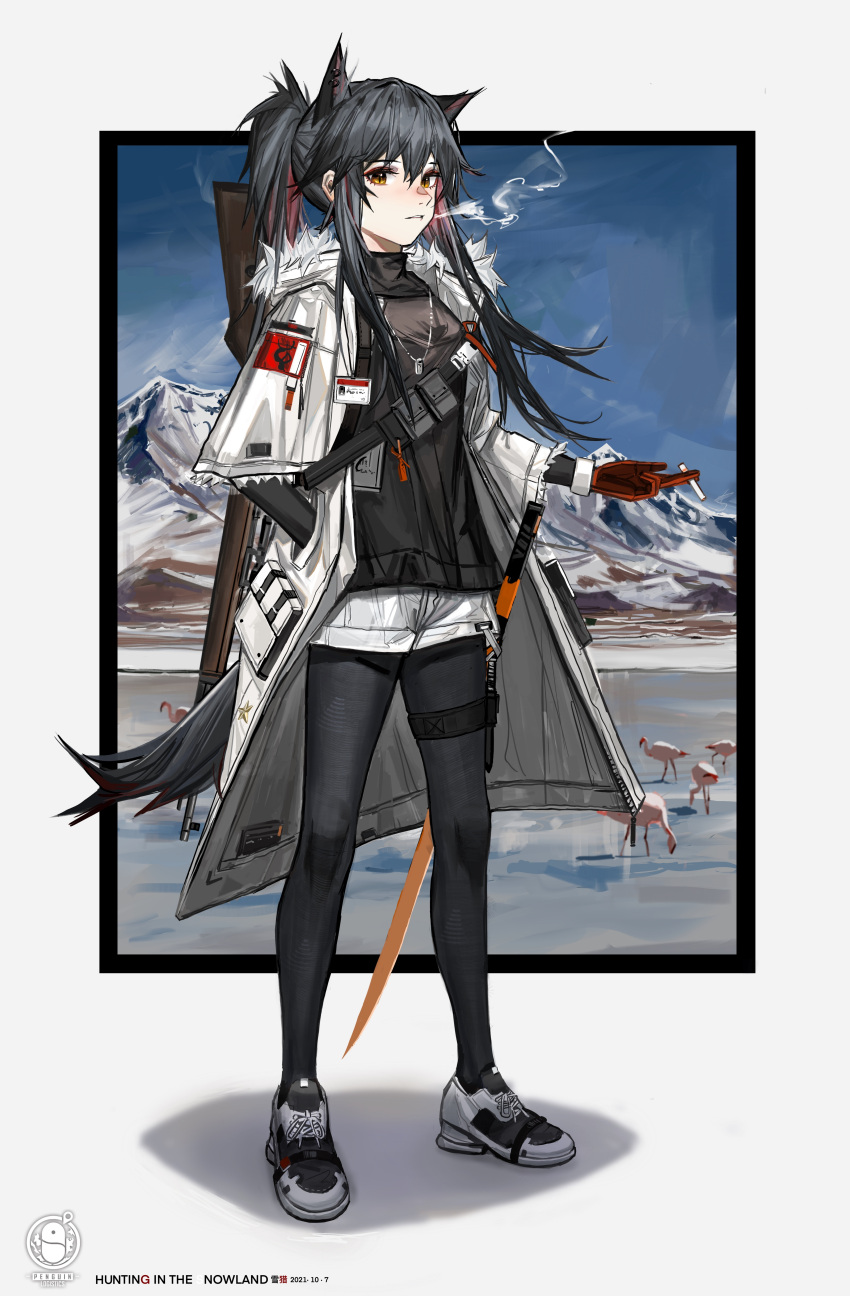 absurdres animal_ears arknights bird black_border black_hair black_pantyhose black_shirt border cigarette dog_tags ear_piercing extra_ears female flamingo fur-trimmed_hood fur-trimmed_sleeves fur_trim gloves hair_between_eyes hand_in_pocket highres holding holding_cigarette hood looking_at_viewer mountain multicolored_hair official_alternate_costume outdoors pantyhose penguin_logistics_logo piercing ponytail red_gloves red_hair shadow sheath sheathed shirt shorts shuimo sidelocks smoking solo standing streaked_hair sword tail texas_(arknights) texas_(winter_messenger)_(arknights) thigh_strap weapon white_border white_shorts wolf_ears wolf_girl wolf_tail yellow_eyes