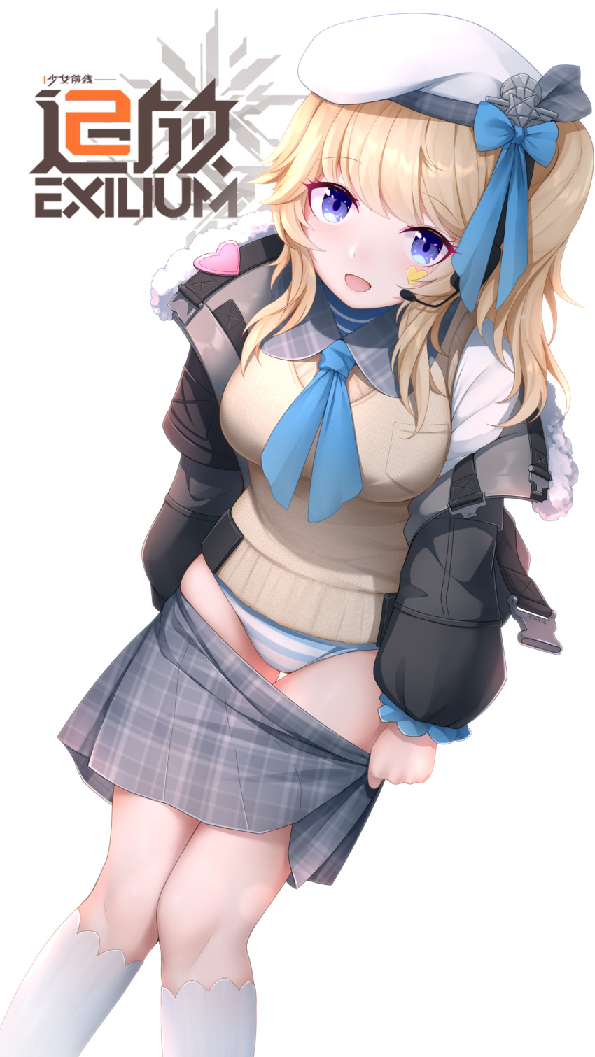 absurdres beret black_jacket blonde_hair blue_bow blue_eyes blue_necktie bow breasts brown_cardigan cardigan copyright_name feet_out_of_frame female fur-trimmed_jacket fur_trim girls'_frontline girls'_frontline_2:_exilium grey_skirt hairbow hat highres jacket leaning_forward long_hair looking_at_viewer medium_breasts necktie open_clothes open_jacket open_mouth panties side_ponytail skirt socks solo standing striped_clothes striped_panties underwear vepley_(girls'_frontline_2) white_background white_socks wo_you_yibei_jia_wanli