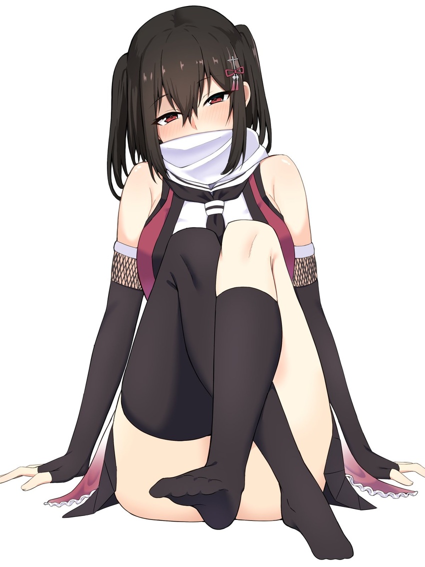 asymmetrical_legwear black_gloves black_hair black_neckerchief black_socks black_thighhighs blush breasts brown_eyes crossed_legs dildo_reveal elbow_gloves feet female female_masturbation fingerless_gloves fishnets gloves hair_between_eyes hair_ornament highres kantai_collection kneehighs masturbation neckerchief no_shoes nose_blush scarf sendai_(kancolle) sendai_kai_ni_(kancolle) simple_background single_kneehigh single_sock single_thighhigh sitting sleeveless socks solo stealth_masturbation takaman_(gaffe) thighhighs two_side_up uneven_legwear white_background white_scarf