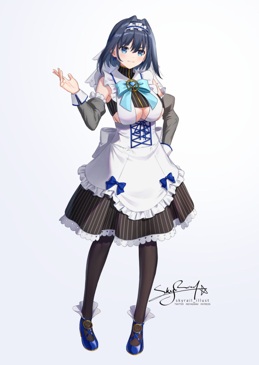 adapted_costume alternate_costume apron artist_name black_pantyhose blue_bow blue_bowtie blue_eyes blue_footwear blush bow bowtie breasts cleavage commentary crop_top detached_sleeves enmaided female full_body hair_intakes highres hololive hololive_english large_breasts maid maid_apron maid_headdress ouro_kronii ouro_kronii_(1st_costume) pantyhose short_hair signature simple_background skyrail solo turtleneck virtual_youtuber white_background