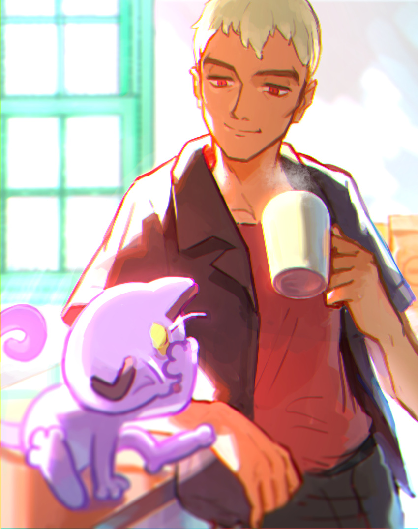 1boy absurdres belt black_shirt commentary_request cup highres holding holding_cup indoors male_focus meipu_hm meowth nanu_(pokemon) pants pokemon pokemon_(creature) pokemon_sm red_eyes shirt short_sleeves smile white_hair