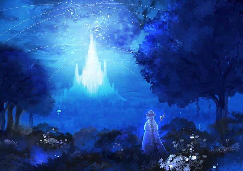 blue_theme braid castle dress facing_away flower headband isu_(artist) long_hair outdoors pixiv_fantasia pixiv_fantasia_mountain_of_heaven scenery staff standing tree very_long_hair white_dress