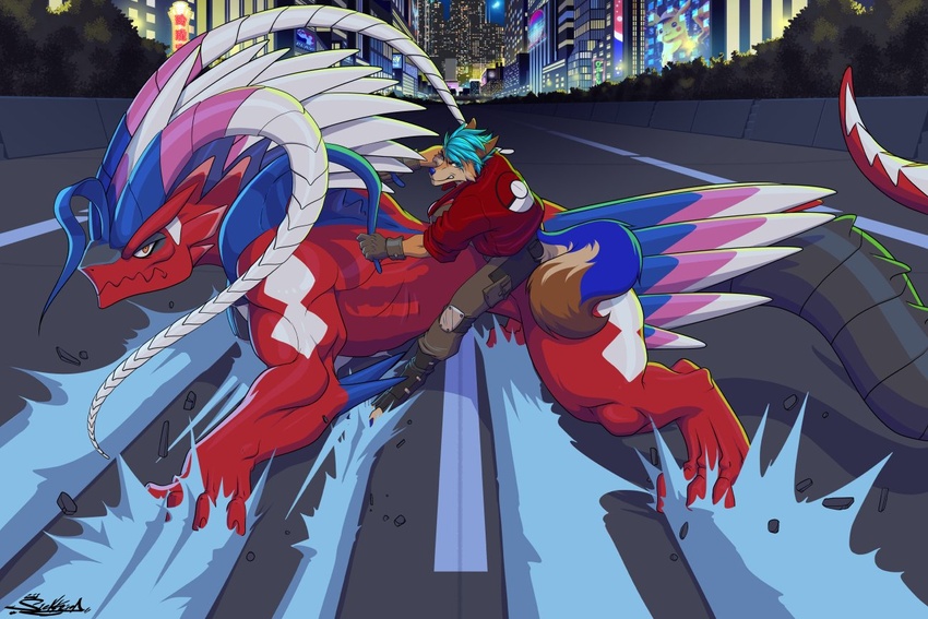 3:2 akira_(film) akira_slide ancient_pokemon anthro blue_body blue_fur brown_body brown_fur canid canine canis city claws clothed clothing detailed_background digitigrade domestic_dog dragon duo feet feral finger_claws fluffy fluffy_tail fully_clothed fur generation_9_pokemon green_hair hair husky koraidon legendary_pokemon limited_build_koraidon looking_at_viewer mammal meme muscular muscular_feral mythological_creature mythological_scalie mythology night nintendo nordic_sled_dog orange_eyes outside paradox_pokemon pokemon pokemon_(species) quadruped red_body riding scalie shaded shotaro_kaneda siekfried snout spitz tail white_body