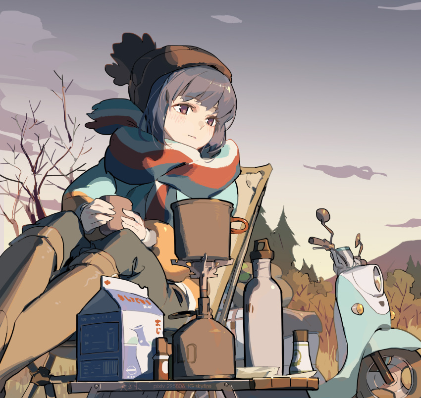 blue_hair chair chinese_commentary commentary_request cup female folding_chair hat highres holding jacket motor_vehicle outdoors purple_eyes scarf scooter shima_rin sitting solo tennohi twilight winter_clothes yamaha_vino yurucamp