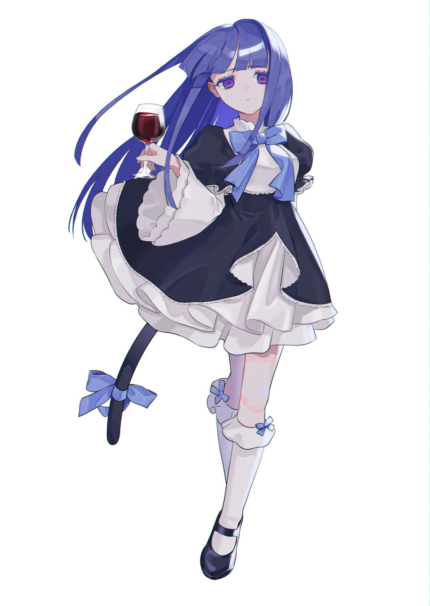 3shine_02 absurdres alcohol black_dress black_footwear blue_bow blue_hair blue_ribbon blunt_bangs blunt_ends bow cat_tail closed_mouth commentary_request cup dress drinking_glass empty_eyes expressionless female frederica_bernkastel frilled_dress frills full_body highres holding holding_cup kneehighs layered_sleeves long_hair long_sleeves looking_at_viewer puffy_short_sleeves puffy_sleeves purple_eyes ribbon shoes short_over_long_sleeves short_sleeves simple_background socks solo standing tachi-e tail tail_ornament tail_ribbon umineko_no_naku_koro_ni white_background white_socks wide_sleeves wine wine_glass