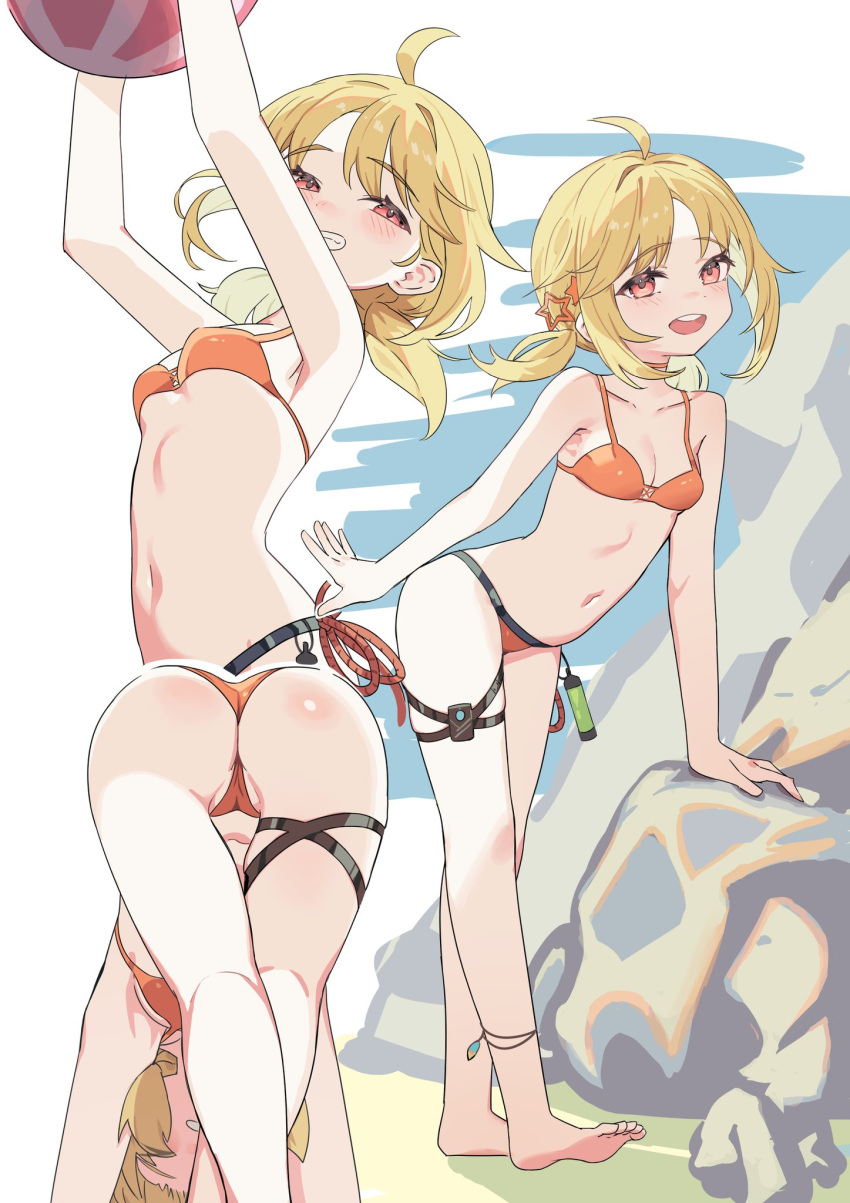 ahoge ass ball barefoot beachball bikini blonde_hair blush breasts commentary female girls'_frontline grin hair_ornament highres lemures long_hair looking_at_viewer multiple_views nagant_revolver_(girls'_frontline) nagant_revolver_(trumpeter_of_the_azure_waves)_(girls'_frontline) navel official_alternate_costume open_mouth orange_bikini red_eyes small_breasts smile star_(symbol) star_hair_ornament swimsuit thigh_strap