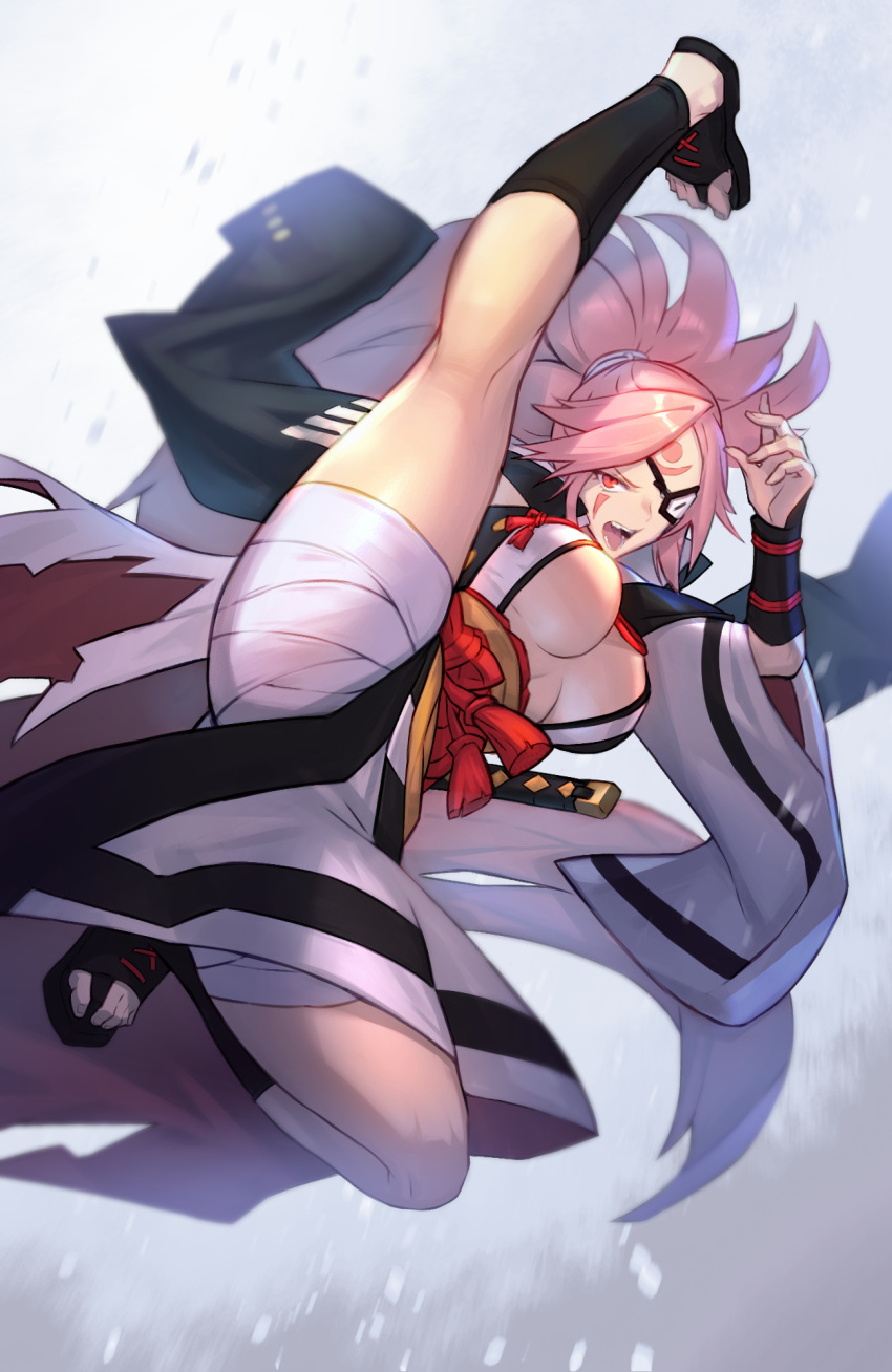 angry bad_id bad_pixiv_id baiken bandages big_hair breasts eyepatch facial_tattoo female guilty_gear guilty_gear_xrd high_kick highres japanese_clothes kicking large_breasts legs long_hair looking_at_viewer open_mouth pink_eyes pink_hair sakazu_mekasuke samurai sandals tattoo toe_scrunch toes