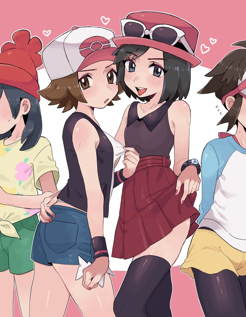 4boys :o beanie blush bracelet brown_eyes brown_hair calem_(pokemon) collared_shirt commentary_request cosplay crossdressing elio_(pokemon) eyewear_on_headwear green_shorts hand_on_another's_hip hat heart highres hilbert_(pokemon) hilda_(pokemon) hilda_(pokemon)_(cosplay) jewelry looking_at_viewer male_focus multiple_boys nail_polish nate_(pokemon) open_mouth pantyhose pink_headwear pleated_skirt pokemon pokemon_bw pokemon_bw2 pokemon_sm pokemon_xy red_headwear red_skirt rosa_(pokemon) rosa_(pokemon)_(cosplay) sana_(37pisana) selene_(pokemon) selene_(pokemon)_(cosplay) serena_(pokemon) serena_(pokemon)_(cosplay) shirt short_hair short_shorts short_sleeves shorts skirt sleeveless sleeveless_shirt sunglasses teeth thighhighs tongue tongue_out upper_teeth_only vest white_headwear wristband yellow_shirt yellow_shorts zettai_ryouiki