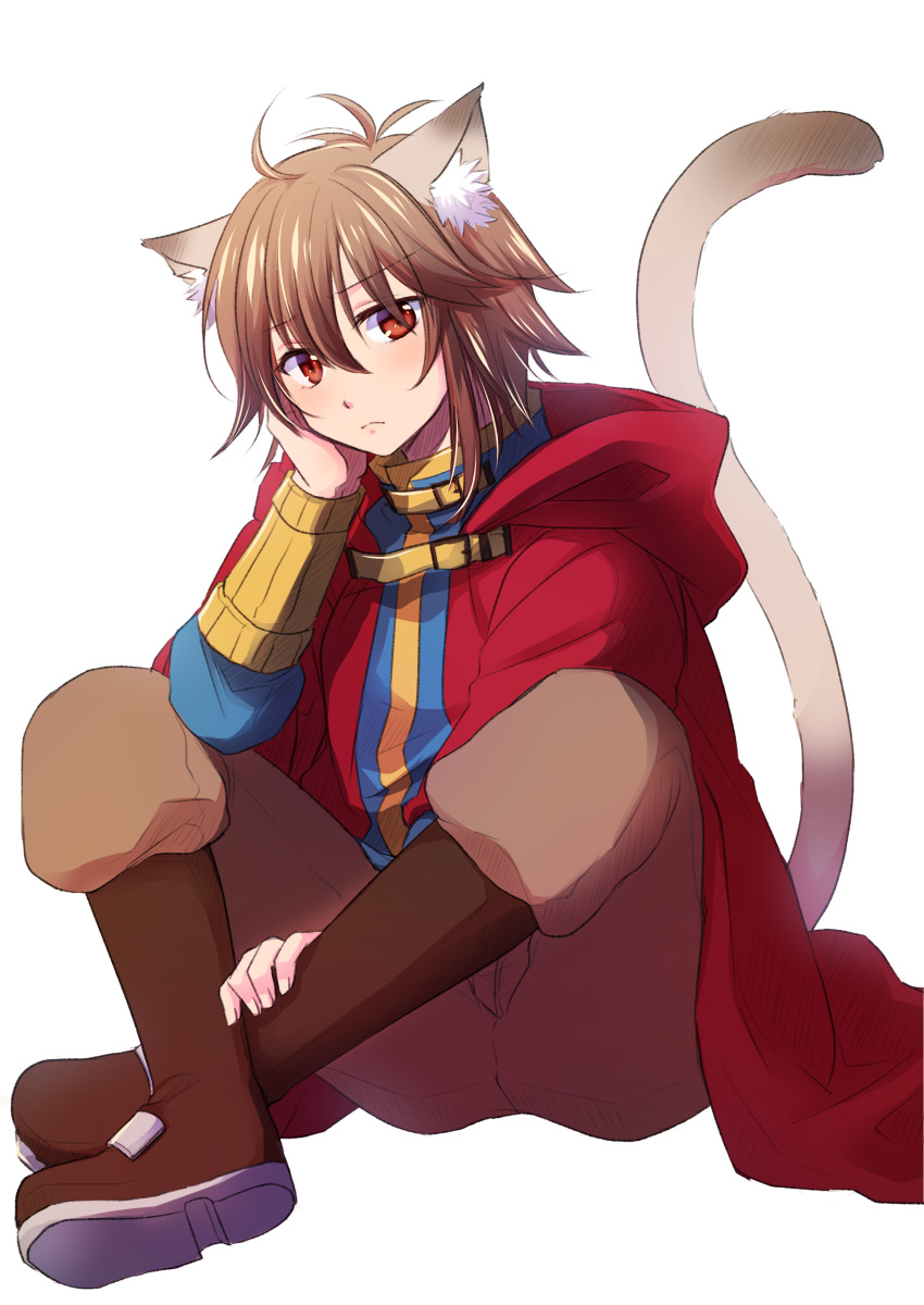 1boy absurdres animal_ear_fluff animal_ears blue_shirt boots brown_eyes brown_footwear brown_hair brown_pants cat_boy cat_ears cat_tail cheshire_(ragnarok_online) cloak closed_mouth commentary_request full_body hair_between_eyes head_rest highres long_sleeves looking_at_viewer male_focus manoji pants pants_tucked_in ragnarok_online red_cloak shirt short_hair simple_background sitting solo tail white_background