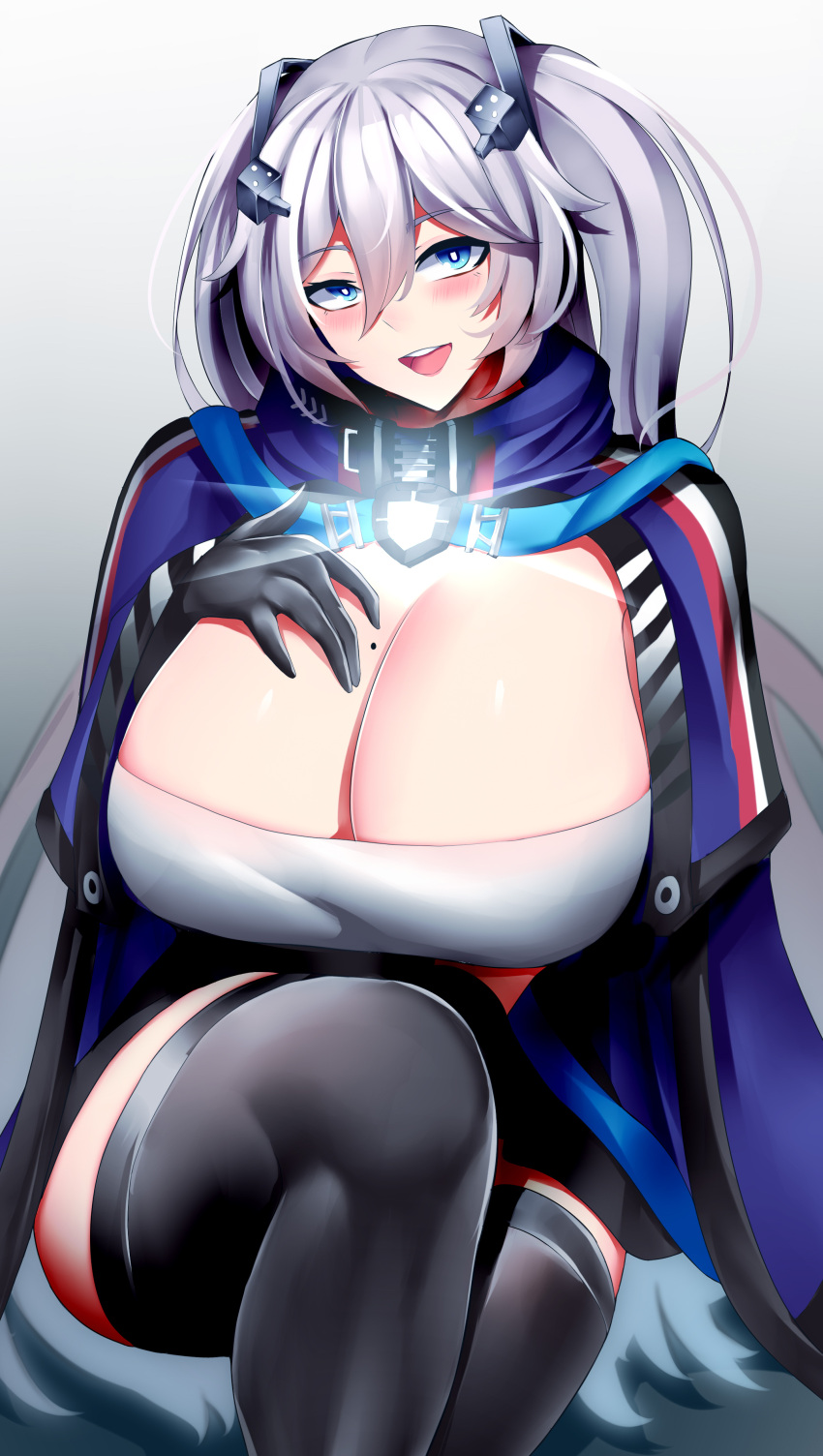 absurdres azur_lane black_gloves black_thighhighs blue_cape blue_capelet blue_eyes breasts cape capelet cleavage commission crossed_legs female gigantic_breasts gloves gradient_background grey_background grey_hair hair_between_eyes hand_on_own_chest highres huge_breasts intrepid_(azur_lane) long_hair looking_at_viewer mole mole_on_breast open_mouth simple_background sitting solo teeth thighhighs thighs upper_teeth_only very_long_hair whitewaffle