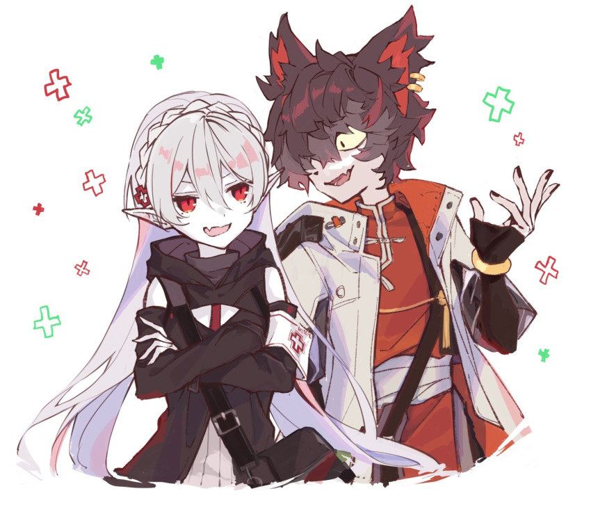 1boy aak_(arknights) animal_ears arknights armband bag black_gloves braid cat_boy cat_ears coat colored_skin cropped_torso cross crossed_arms crown_braid detached_sleeves female fingerless_gloves furry furry_male gameyaruzaurus gloves grey_hair hair_between_eyes hair_over_one_eye highres long_hair multicolored_hair oerba_yun_fang pale_skin pointy_ears red_cross red_eyes simple_background skin_fang upper_body vampire warfarin_(arknights) white_skin yellow_eyes