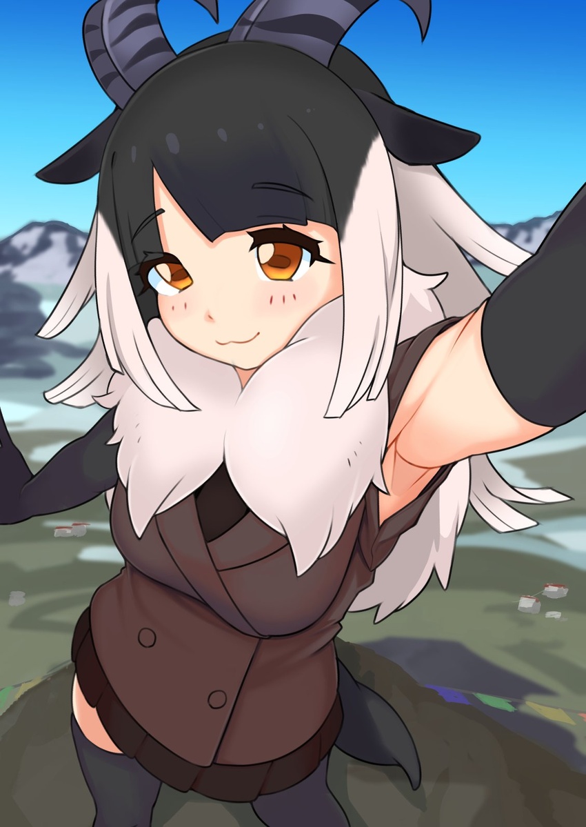 :3 animal_ears armpits black_gloves black_hair black_thighhighs blush breasts brown_eyes brown_jacket brown_skirt elbow_gloves eyelashes female fur_scarf gloves highres himalayan_tahr_(kemono_friends) horizontal_pupils horns illu_(illu_stratos) jacket kemono_friends medium_breasts miniskirt mountaintop parted_bangs pleated_skirt selfie skirt smile tail thighhighs