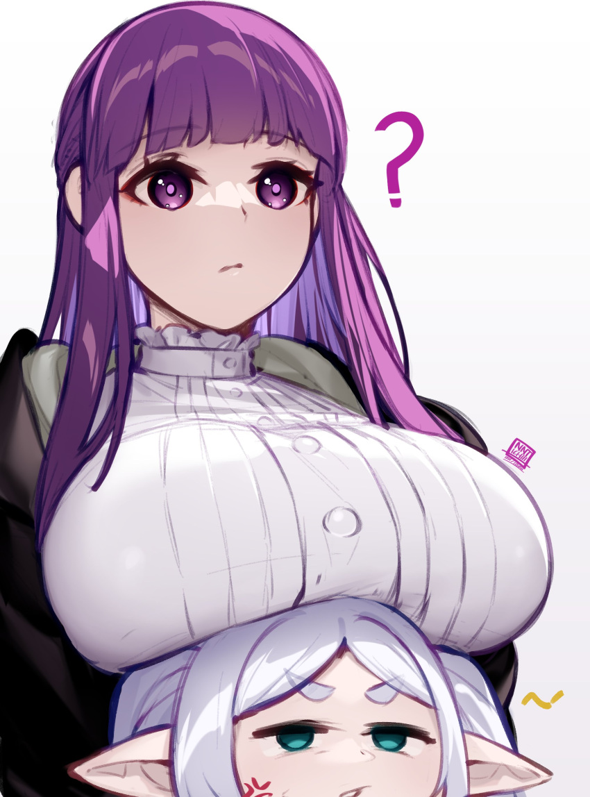 2girls ? absurdres anger_vein blunt_bangs breast_envy breast_rest breasts breasts_on_head commentary elf english_commentary fern_(sousou_no_frieren) frieren green_eyes highres izulizuru large_breasts long_hair multiple_girls parted_bangs pointy_ears purple_eyes purple_hair simple_background sousou_no_frieren white_background white_hair