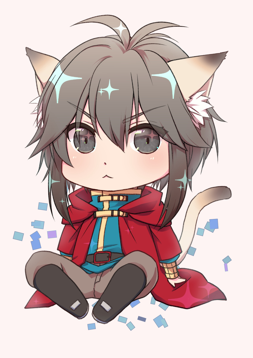 1boy :< absurdres animal_ear_fluff animal_ears antenna_hair belt black_belt black_footwear blue_shirt blush boots brown_hair brown_pants cat_boy cat_ears cat_tail cheshire_(ragnarok_online) chibi cloak closed_mouth commentary_request full_body grey_eyes hair_between_eyes highres long_sleeves looking_at_viewer male_focus manoji medium_hair pants ragnarok_online red_cloak shirt simple_background solo sparkling_eyes tail v-shaped_eyebrows white_background