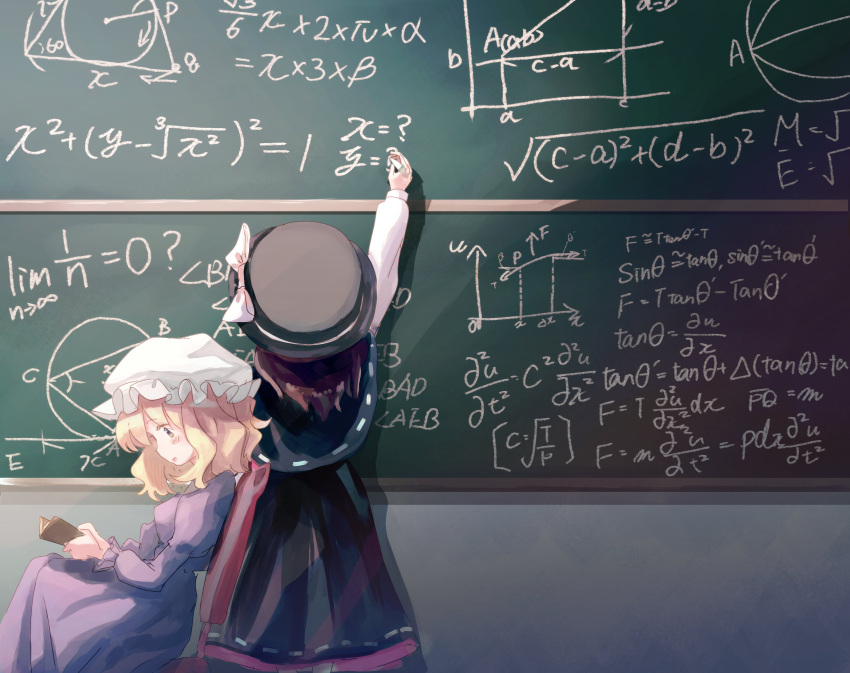 2girls :o absurdres black_capelet black_headwear black_skirt blonde_hair blush book bow brown_hair calculus capelet chair chalk chalkboard commentary dress equation from_behind from_side hat hat_bow highres holding holding_book holding_chalk long_sleeves maribel_hearn math minus_(sr_mineka) mob_cap multiple_girls purple_dress reading ribbon-trimmed_capelet ribbon-trimmed_skirt ribbon_trim science shirt short_hair skirt touhou trigonometry upper_body usami_renko white_bow white_headwear white_shirt yellow_eyes