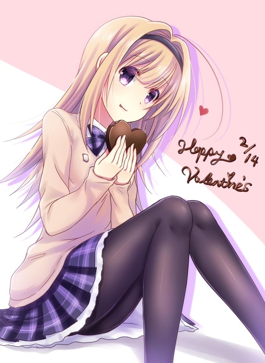 black_hairband black_pantyhose blazer blonde_hair blue_bow blue_bowtie blue_skirt bow bowtie brown_jacket candy chaos;head chocolate closed_mouth commentary feet_out_of_frame female food hair_between_eyes hair_intakes hairband happy_valentine heart heart-shaped_chocolate highres holding holding_food jacket long_hair long_sleeves looking_at_another miniskirt nishijou_myu nishijou_nanami pantyhose pink_background plaid plaid_bow plaid_bowtie plaid_skirt pleated_skirt purple_eyes school_uniform shiny_clothes shiny_legwear sitting skirt smile solo tongue tongue_out two-tone_background valentine white_background