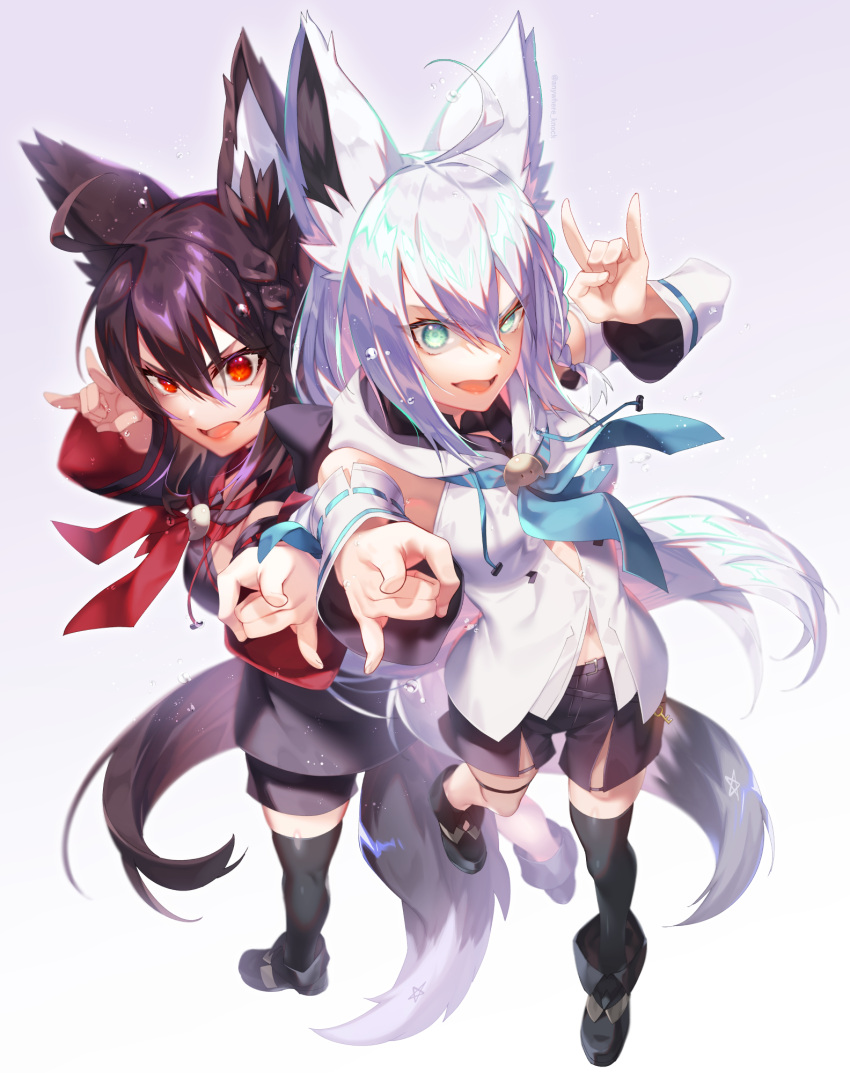 2girls \n/ ahoge animal_ear_fluff animal_ears anywhere_knock aqua_eyes black_footwear black_hair black_shirt black_shorts black_thighhighs blue_neckerchief boots braid breasts commentary dark_persona detached_sleeves double_\n/ fox_ears fox_girl fox_tail full_body gradient_background hair_between_eyes highres hololive hood hood_down kurokami_fubuki long_hair long_sleeves looking_at_viewer medium_breasts multiple_girls neckerchief open_mouth outstretched_arm red_eyes red_neckerchief shirakami_fubuki shirakami_fubuki_(1st_costume) shirt shorts standing standing_on_one_leg tail thighhighs very_long_hair virtual_youtuber white_hair white_shirt