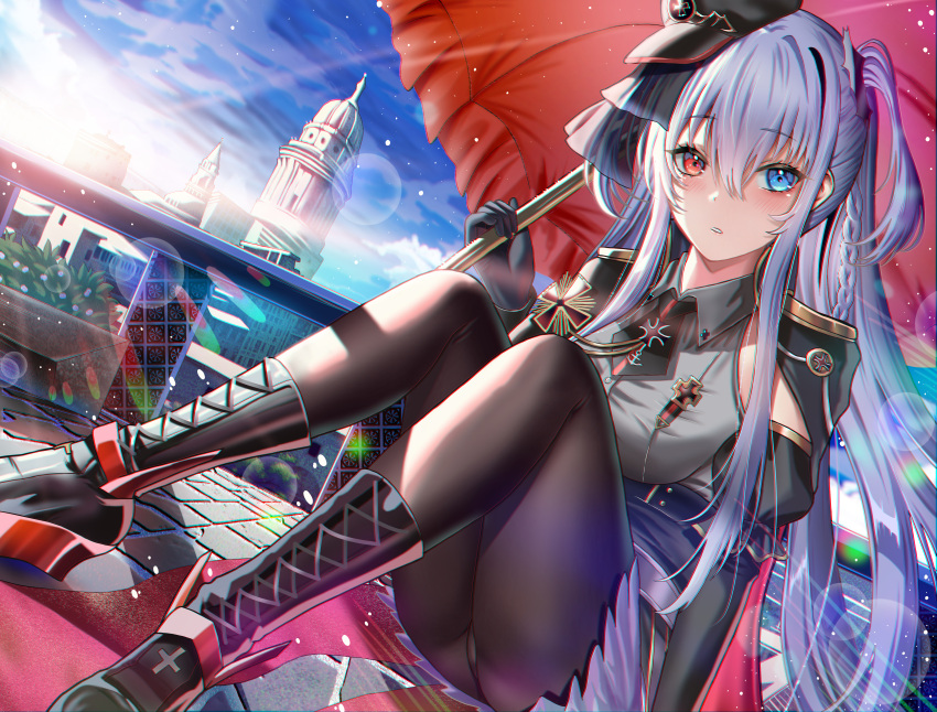 absurdres azur_lane black_footwear black_gloves black_headwear black_pantyhose blue_eyes blue_hair blue_sky blush boots braid breasts buko_(bukosuki) closed_mouth elbing_(azur_lane) female gloves grey_shirt hair_ribbon hand_on_floor heterochromia highres holding holding_umbrella light_blue_hair long_hair looking_at_viewer medium_breasts on_floor outdoors pantyhose red_eyes red_umbrella ribbon shirt side_ponytail sky solo umbrella